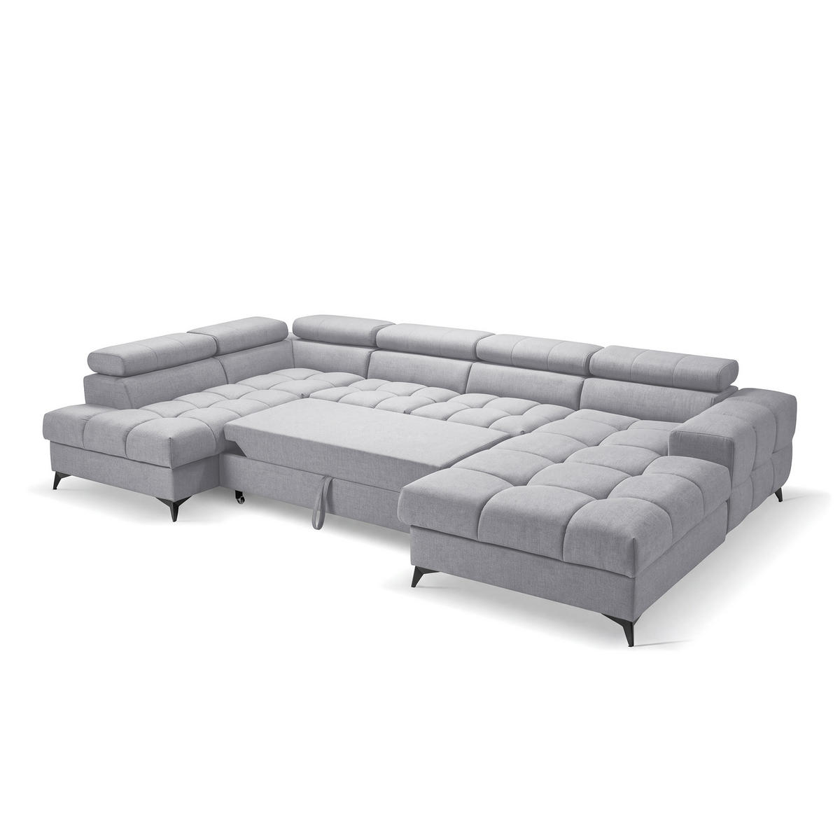 ECKSOFA PUDDING U Rechts mit Schlaffunktion 125x260 Velours Hellgrau - Hellgrau/Schwarz, Holz/Textil (350/203cm) - Muffo
