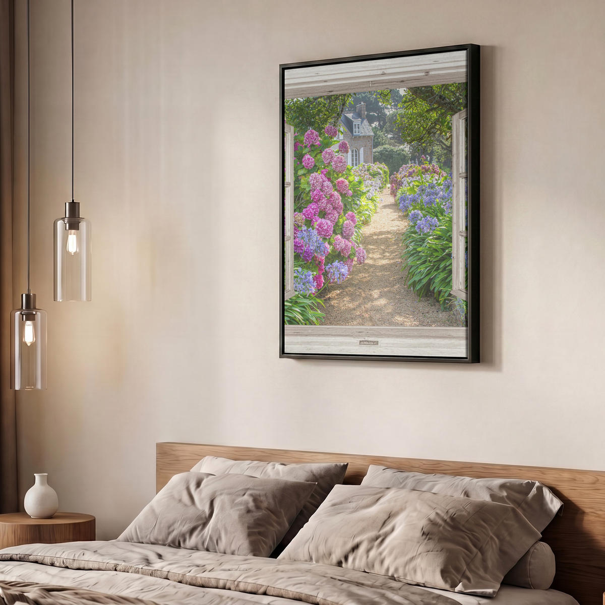 LEINWAND Bilder mit Rahmen - Hortensie - Durchsichtig - Blumen - Sommer - Lila - Weg - 60x80 - Lila, Textil (60/80cm) - MuchoWow