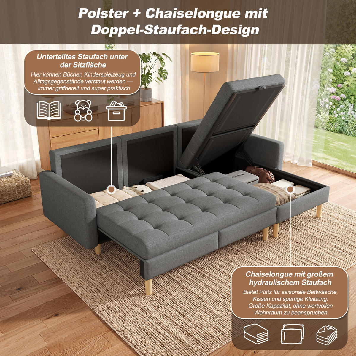 ECKSOFA L Form Stauraum Chaiselongue 3 Sitzer Grau 212cm - Grau, Textil (212/130cm) - FLIEKS