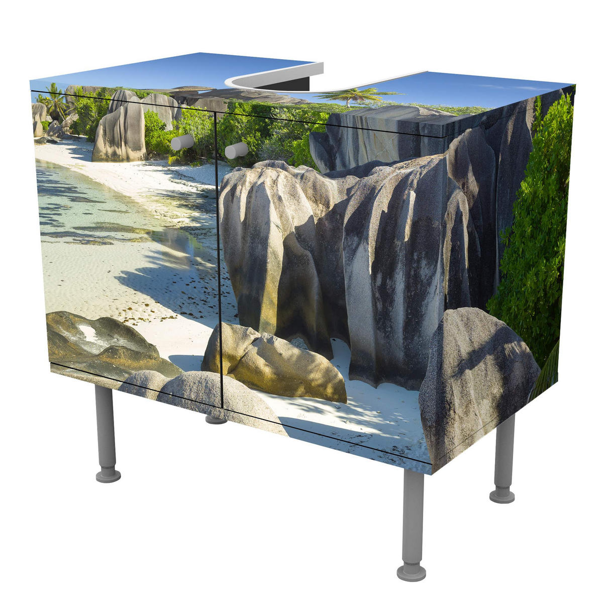 WASCHBECKENUNTERSCHRANK Traumstrand Seychellen 60/55/35 cm - Blau, Holzwerkstoff (60/55/35cm) - Bilderwelten