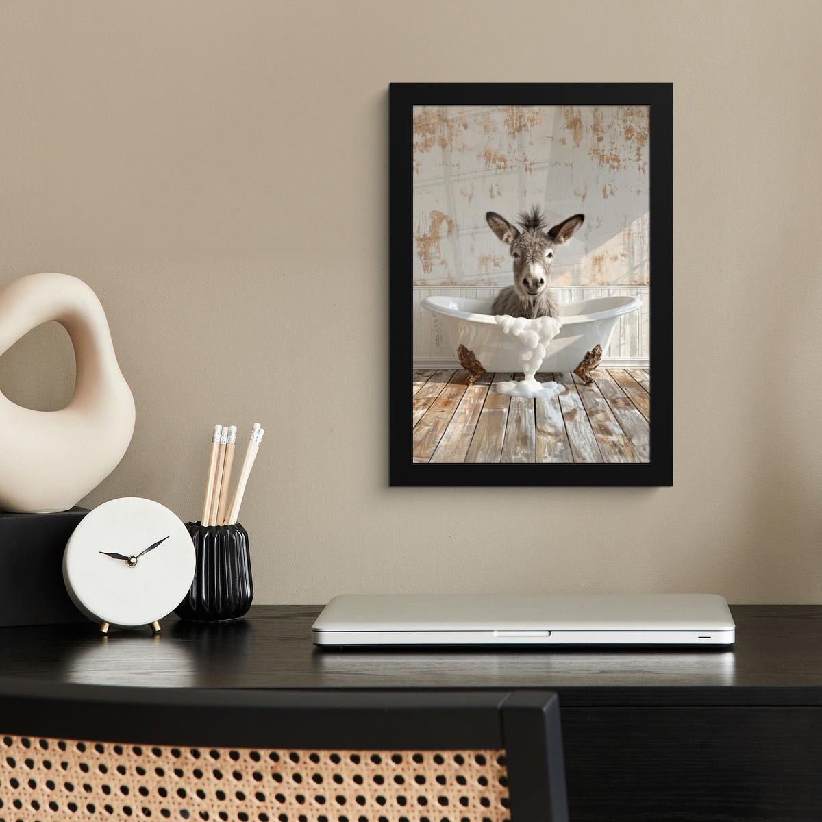 GERAHMTES BILD Esel - Tiere - Badewanne - Schaumstoff 20x30 cm - Weiß, Papier (20/30cm) - MuchoWow