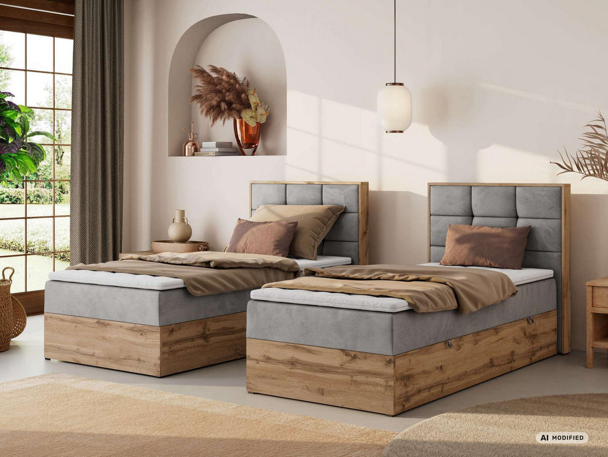 BOXBETT ALBERO 1 90/200 - Hellgrau Velvet - Topper Visco - H3 - Rechts - Hellgrau/Schwarz, Kunststoff/Textil (90/200cm) - MKS