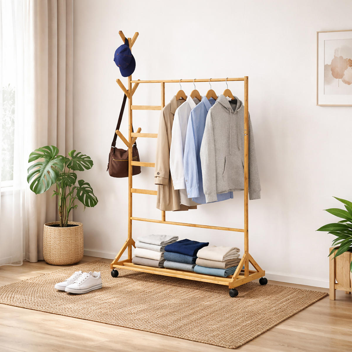 KLÄDSTÄLLNING Natur bambu med hjul 6 krokar 171 cm - Ljusbrun, Trä/Plast (97/171/37cm) - Relaxdays