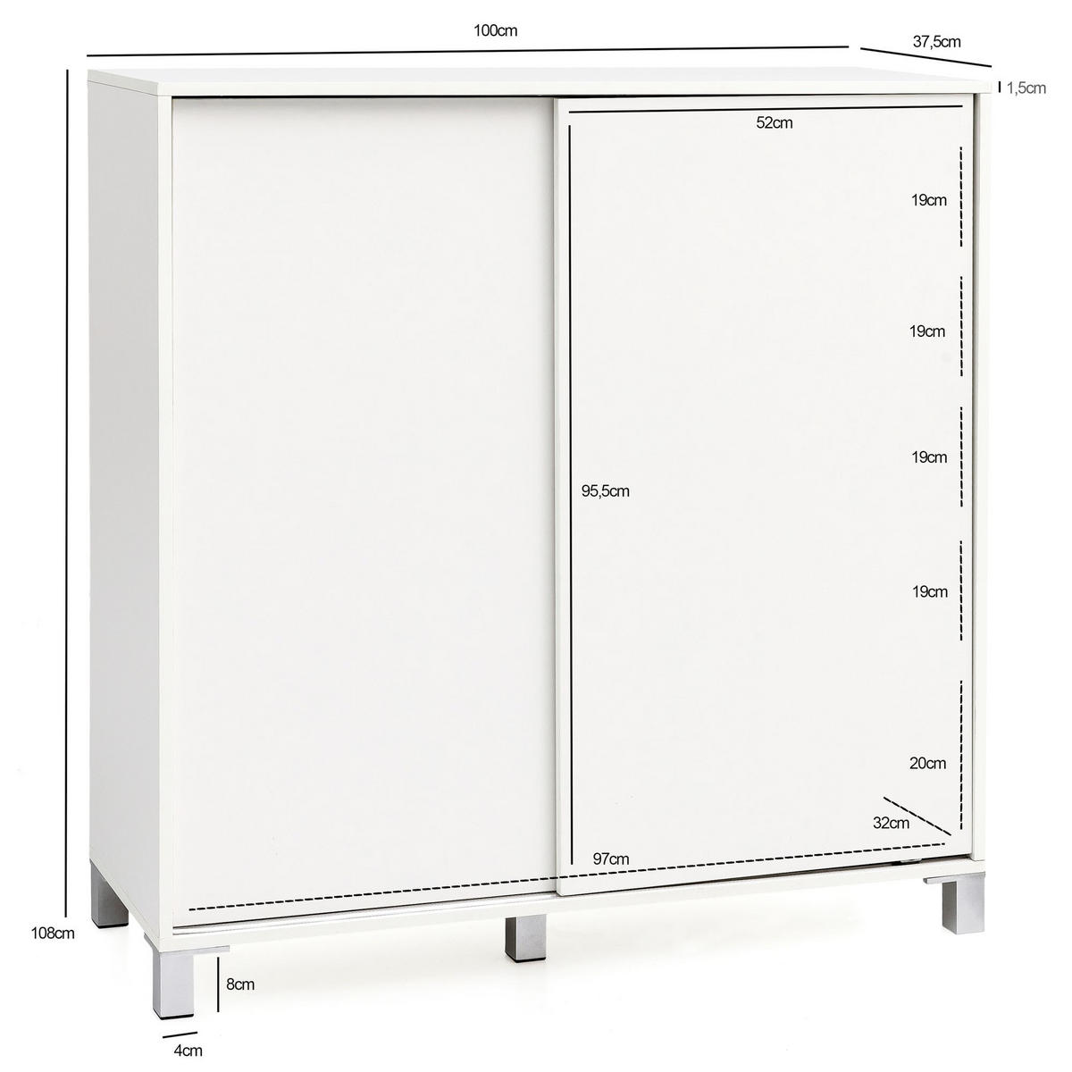SCHUHSCHRANK Holz für 20 Paar Schuhe mit Schiebetüren, Weiß 100x38x108 cm - Silberfarben/Weiß, Holz/Kunststoff (100/108/38cm) - KADIMA DESIGN