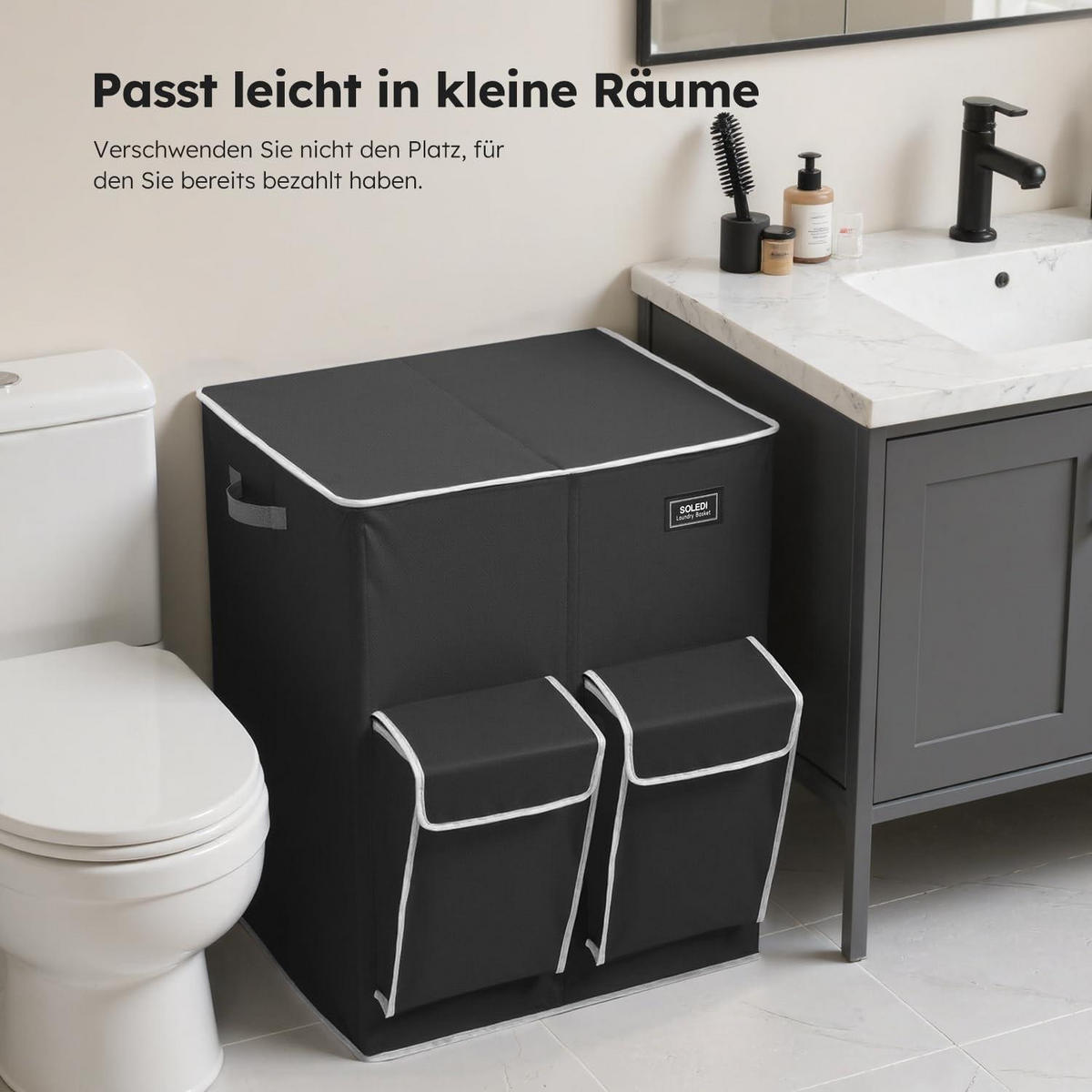WÄSCHEKORB mit Deckel und 2 Fächern Schwarz 180L - Schwarz, Textil (39.5/70/58cm)