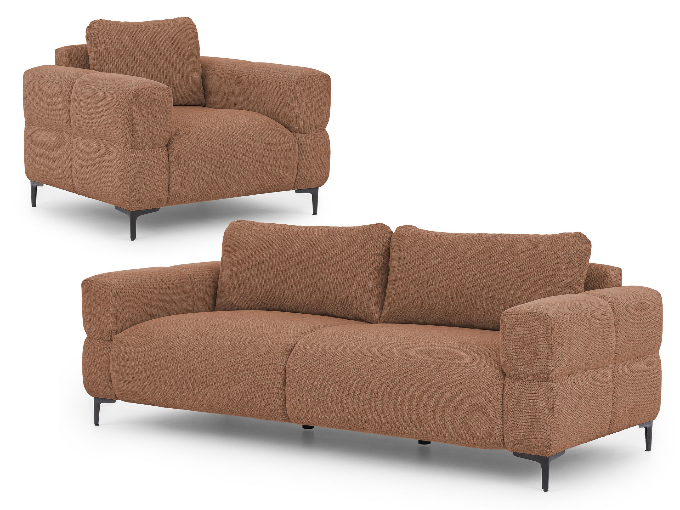 SITZGARNITUR 3+1 Cardea in Bubble-Optik aus weichem Terrakotta Strukturstoff mit hohem Sitzkomfort - Terracotta/Schwarz, Holz/Textil (217/80/97cm) - S-Style Möbel