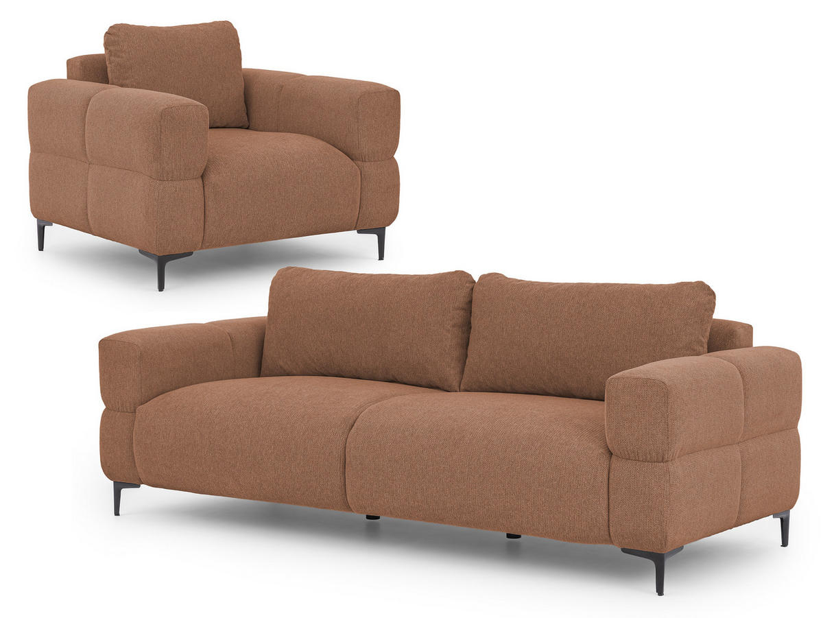 SITZGARNITUR 3+1 Cardea in Bubble-Optik aus weichem Terrakotta Strukturstoff mit hohem Sitzkomfort - Terracotta/Schwarz, Holz/Textil (217/80/97cm) - S-Style Möbel