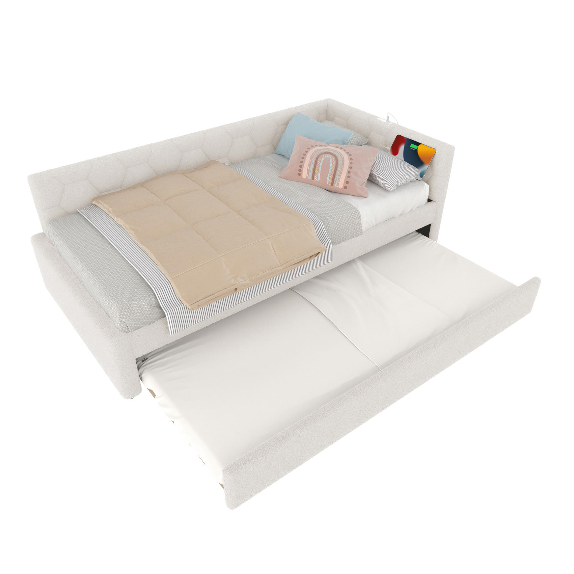 POLSTERBETT 90/200 cm Weiß mit Ausziehbett mit LED-Nachttischlampe mit USB- und Type-C-Anschlüssen - Weiß, Textil (90/200cm) - OKWISH