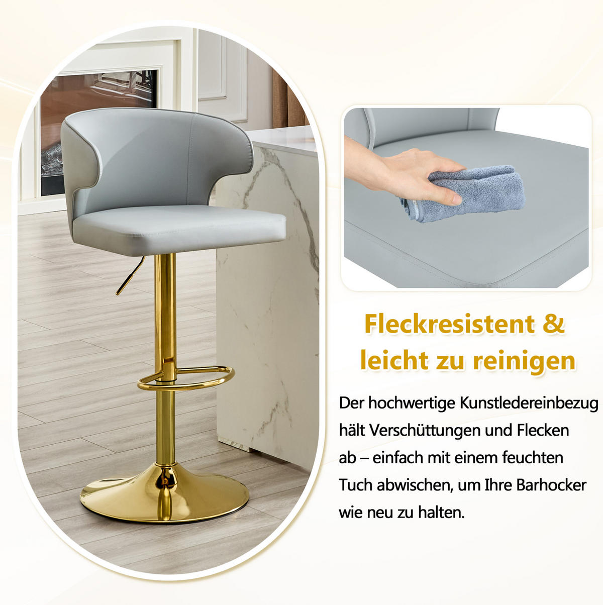 BARHOCKER 2er-Set höhenverstellbar drehbar PU Light Gray - Hellgrau, Metall (45/110/49.7cm) - Meubliv