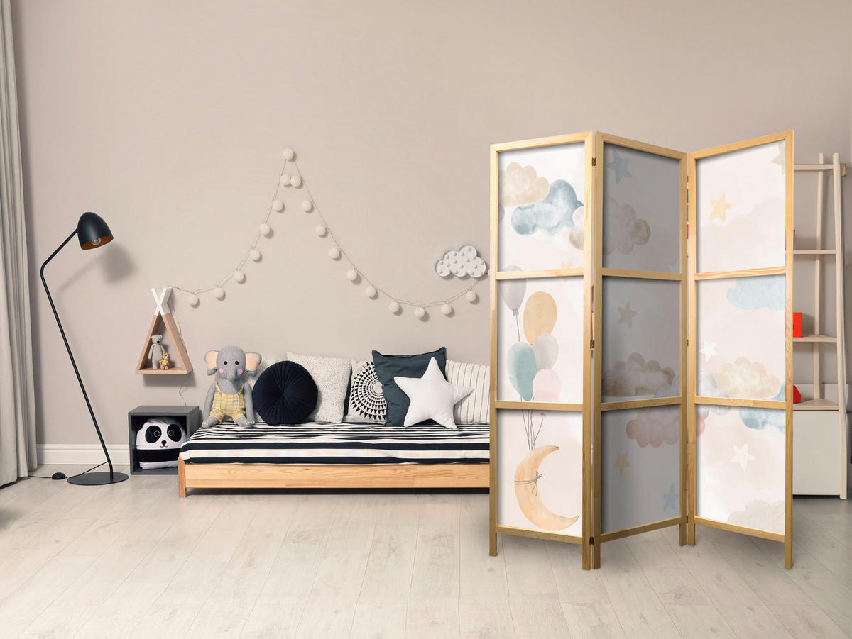 PARAVENT Japanischer 3-tlg 135x172 cm bunte Wolken und Sterne - Multicolor, Holz/Textil (135/172/3cm) - Muralo