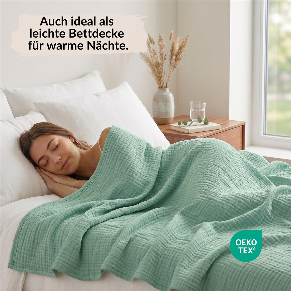 WOHNDECKE Musselin 150 x 200 cm, Leichte Kuscheldecke aus 100% Baumwolle - Als Tagesdecke, Plaid oder Decke für Sofa, Couch & Bett - Salbei Grün - Grün, Textil (150/200cm) - Carpe Sonno
