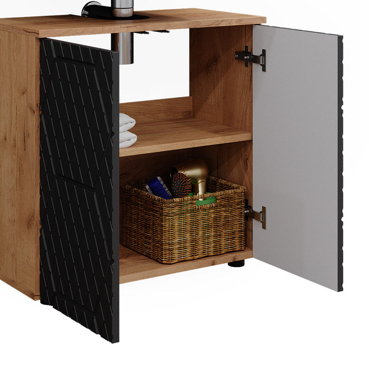 BADMÖBEL-SET Irma Anthrazit gestreift 3 Teile, mit Unterschrank 60 cm - Honigeiche/Anthrazit, Holzwerkstoff (80/58.6/41cm) - Vicco