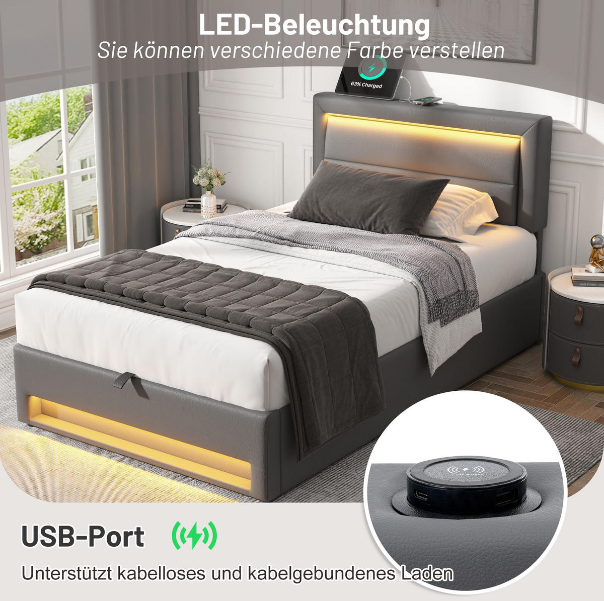 TAPECIRANI krevet 90/190 cm sivi od PU-a s LED rasvjetom USB punjenjem i spremištem - siva, plastika (90/190cm) - OKWISH