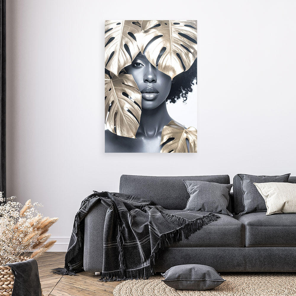 LEINWANDBILD Porträt einer Frau und goldenen Monstera-Blättern 80x120cm - Grau, Textil (80/120cm) - Feeby