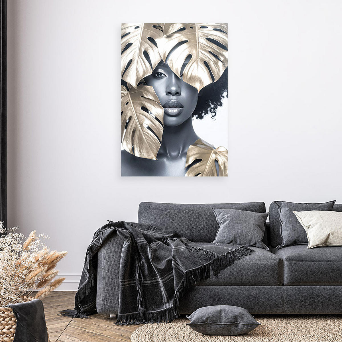 LEINWANDBILD Porträt einer Frau und goldenen Monstera-Blättern 80x120cm - Grau, Textil (80/120cm) - Feeby