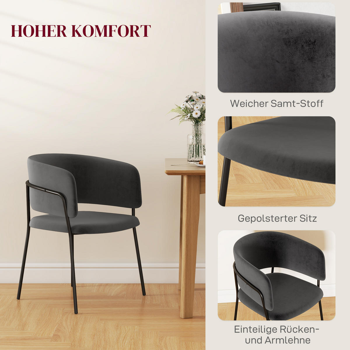 ESSZIMMERSTÜHLE, Polyester, Stahl, Grau - Grau, Kunststoff (53/73/57cm) - HOMCOM