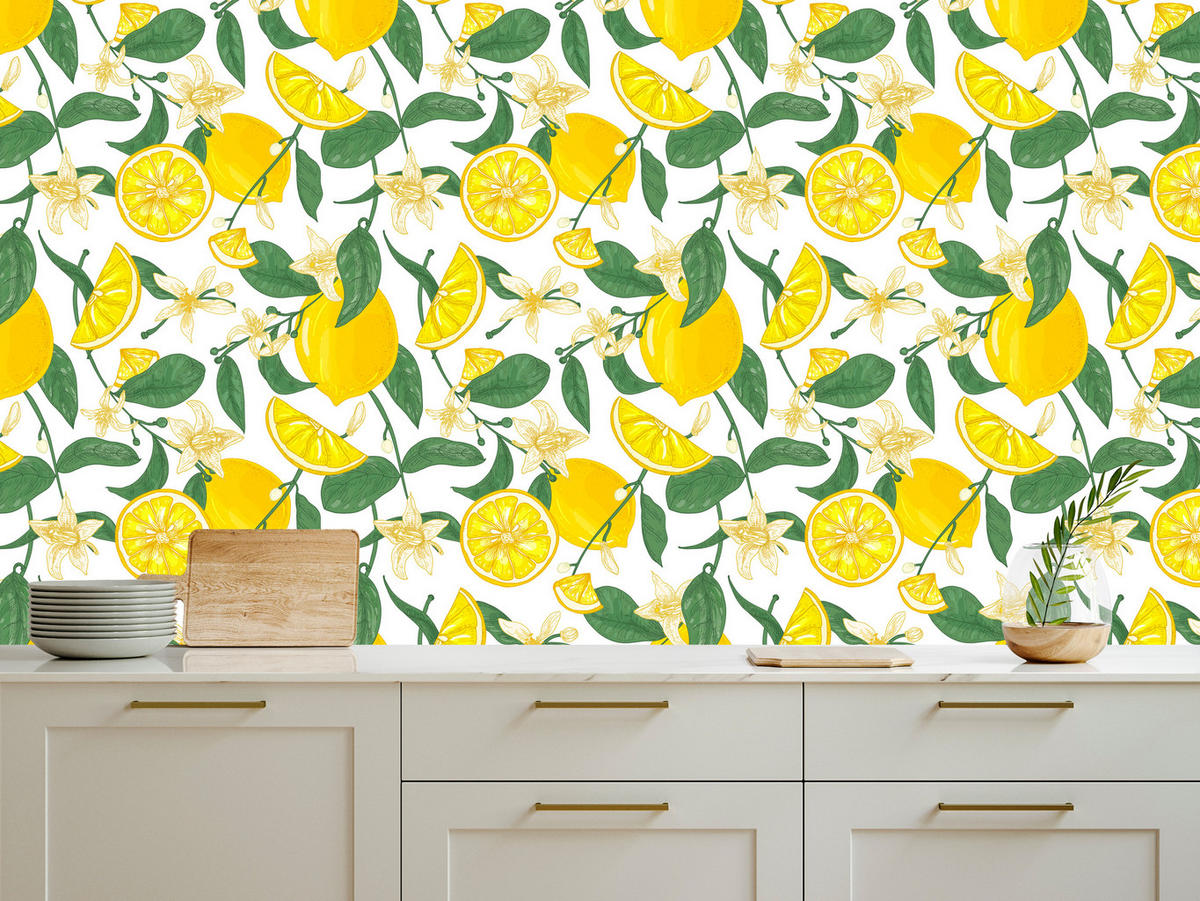 VLIESTAPETE Zitronen und Zitrusblätter – Gelb, Grün, Weiß – 50x1000 cm - Gelb/Weiß, Papier (50/1000cm) - Muralo