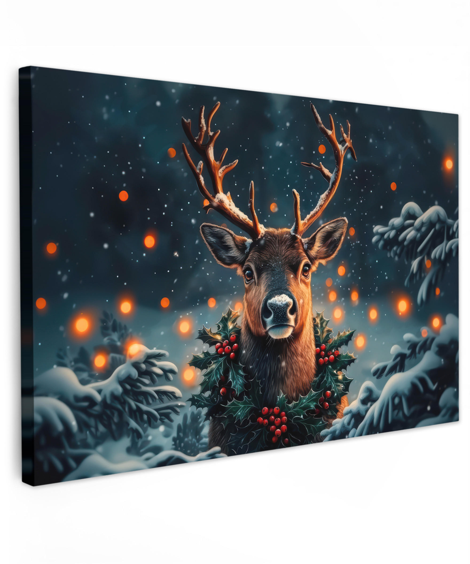 LEINWANDBILD Hirsch - Weihnachten - Winter - Schnee - Weihnachtskranz Groß 140x90 cm - Dunkelbraun, Textil (140/90cm) - MuchoWow