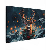 LEINWANDBILD Hirsch - Weihnachten - Winter - Schnee - Weihnachtskranz Wanddeko 90x60 cm - Dunkelbraun, Textil (90/60cm) - MuchoWow