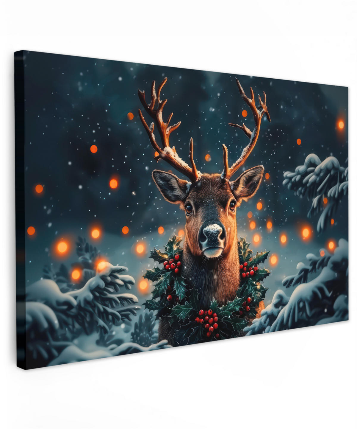 LEINWANDBILD Hirsch - Weihnachten - Winter - Schnee - Weihnachtskranz Wanddeko 90x60 cm - Dunkelbraun, Textil (90/60cm) - MuchoWow