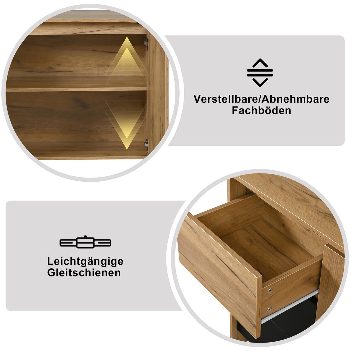SIDEBOARD holzoptik & schwarz mit 3 schubladen, 2 türen & led-beleuchtung - Naturfarben, Holzwerkstoff (120/76/40cm) - Urban Meuble