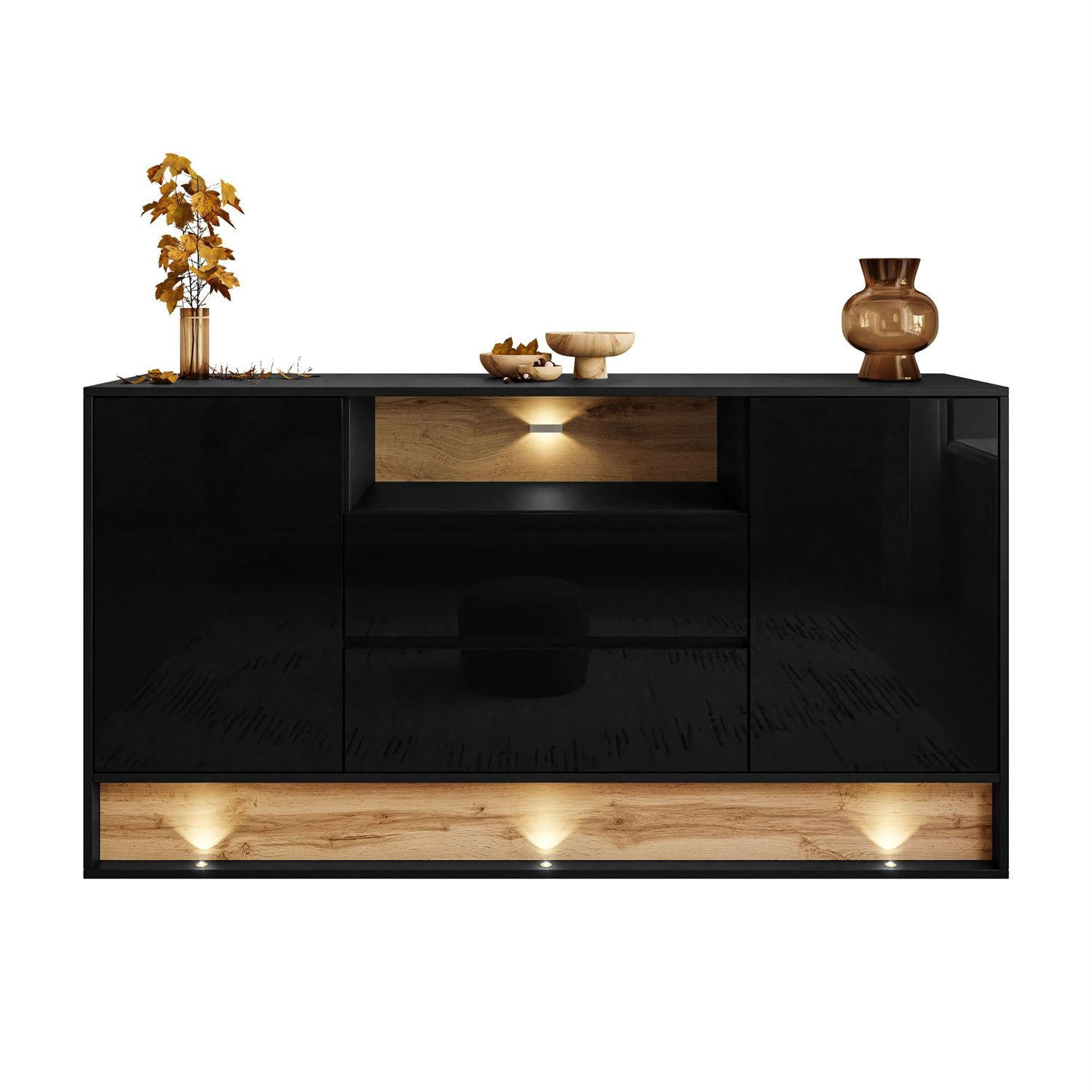 KOMMODE VILLA mit Wotan Eicheneinsatz - Eiche Wotan/Schwarz, Holzwerkstoff (160/85/40cm) - Lookway