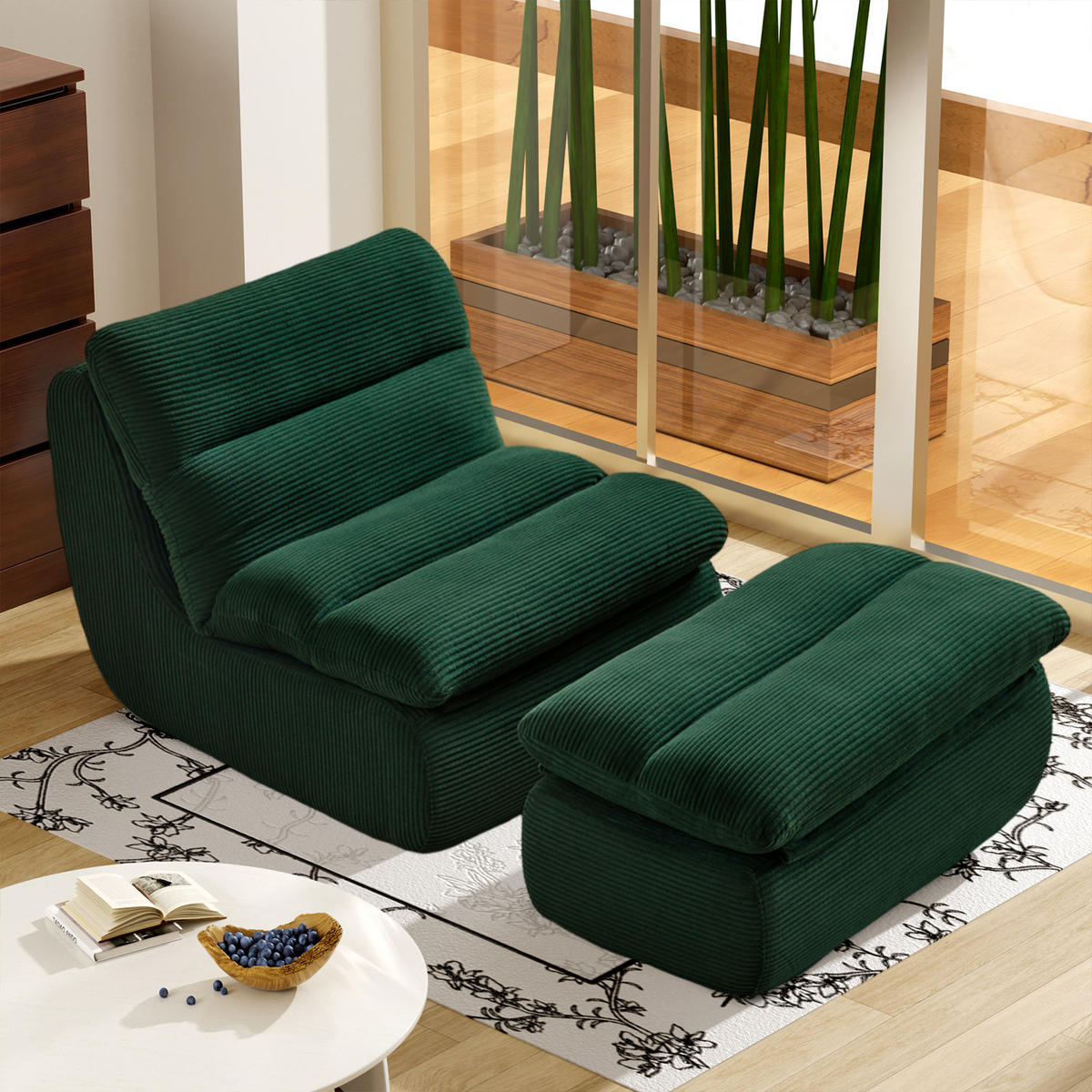 LIEGESESSEL 81/101/75 cm Grün mit Fußhocker Ergonomische Unterstützung für Wohnzimmer - Grün, Textil (101/75/81cm) - OKWISH