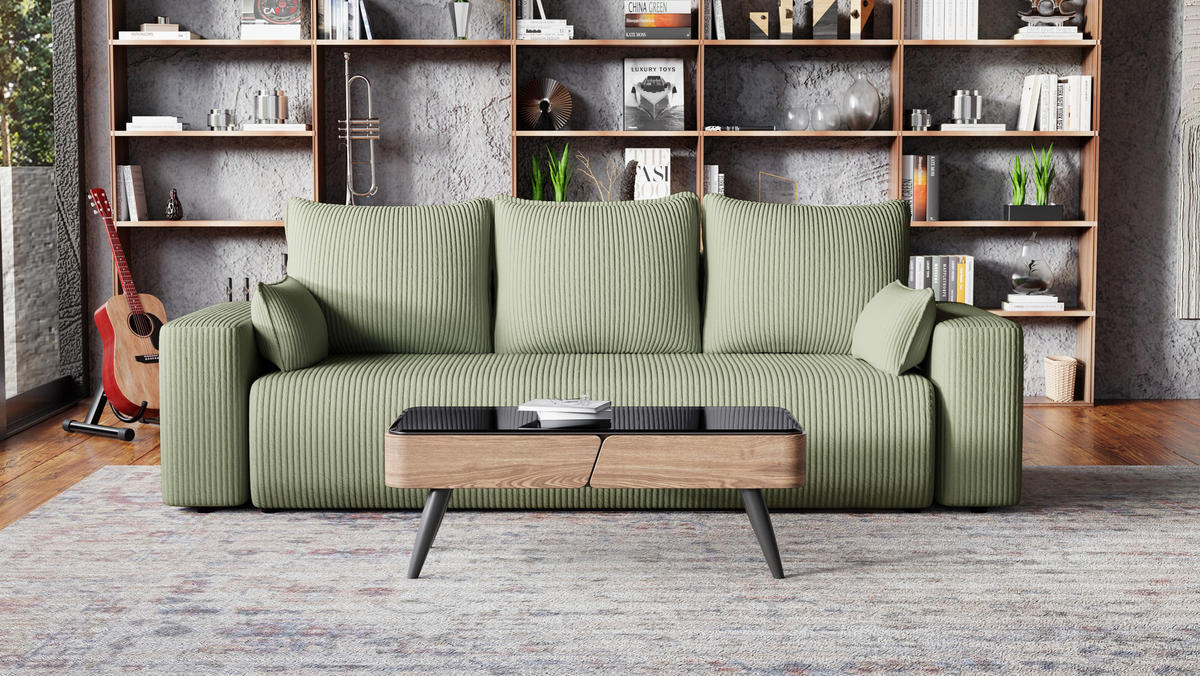 SOFA Bubi mit Bettkasten und Schlaffunktion, Cordstoff - Salbeigrün, Holzwerkstoff (242/85/95cm)