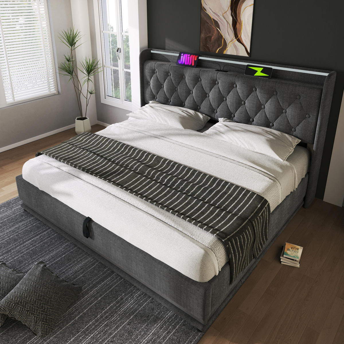 ČALOUNĚNÁ postel 140/200 cm šedá z lnu s LED osvětlením USB-C a hydraulickým úložným prostorem - šedá, textil (140/200cm) - OKWISH