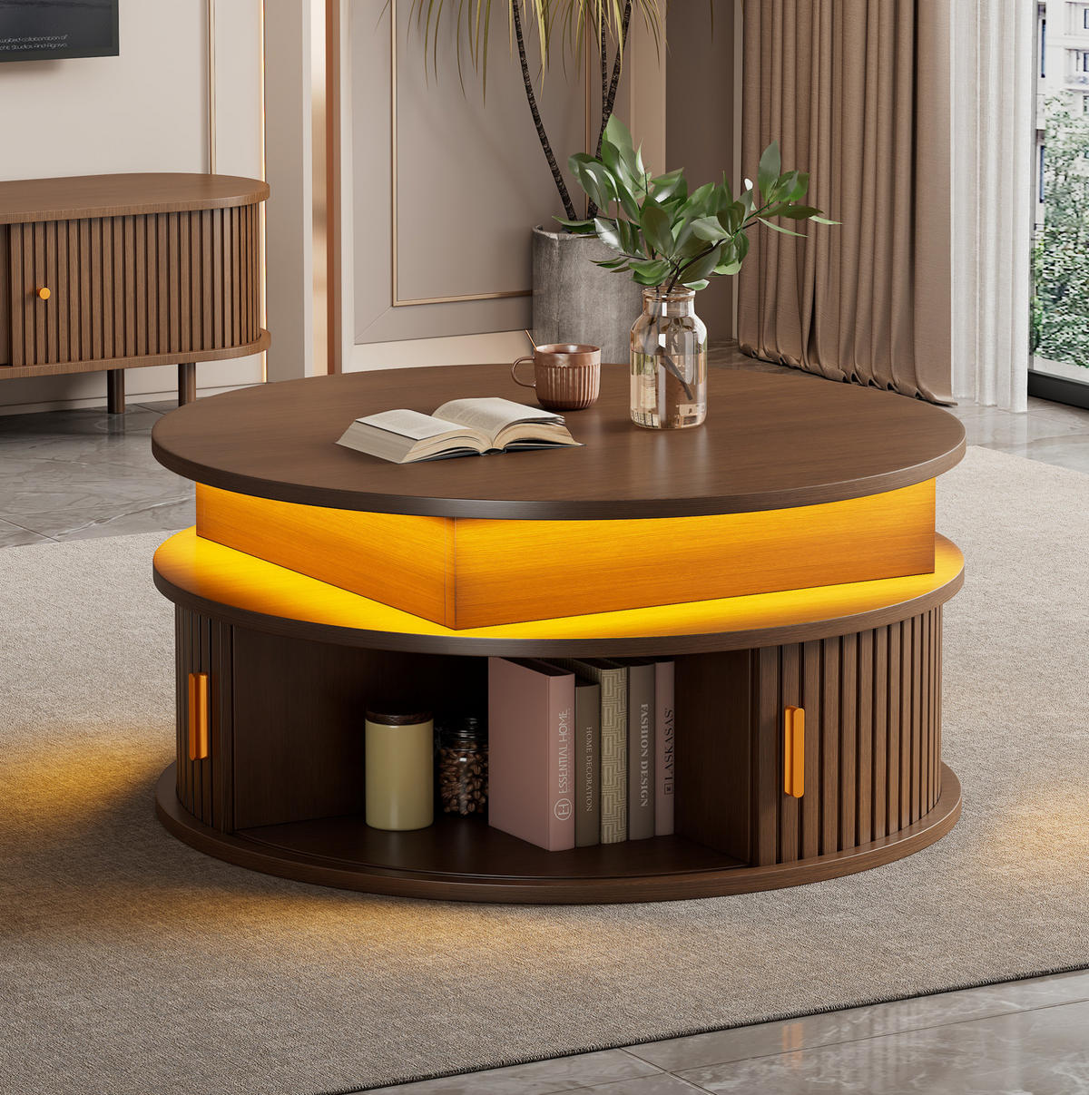 COUCHTISCH 75/75/52 cm höhenverstellbar mit LED-Beleuchtung, Rollladentüren und Stauraum, Walnussfarben - Nussbaumfarben, Holzwerkstoff (75/75/52cm) - Modfu
