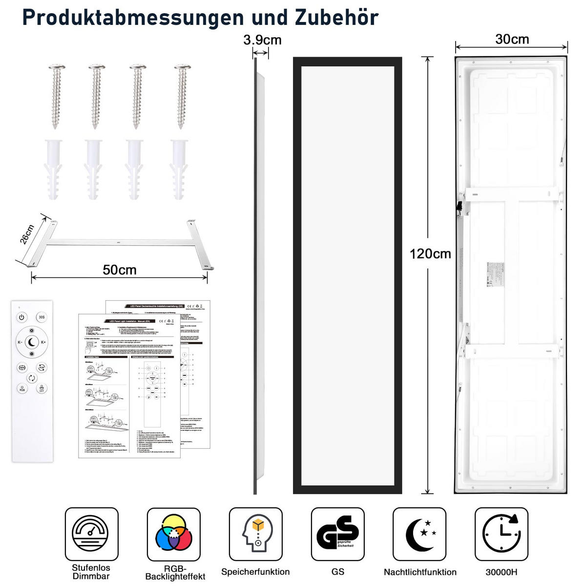 DECKENLEUCHTE PA1061VB LED Panel RGB 120/30/3.9 CM - Weiß, Metall (120/30/3.9cm) - LOVHAUS