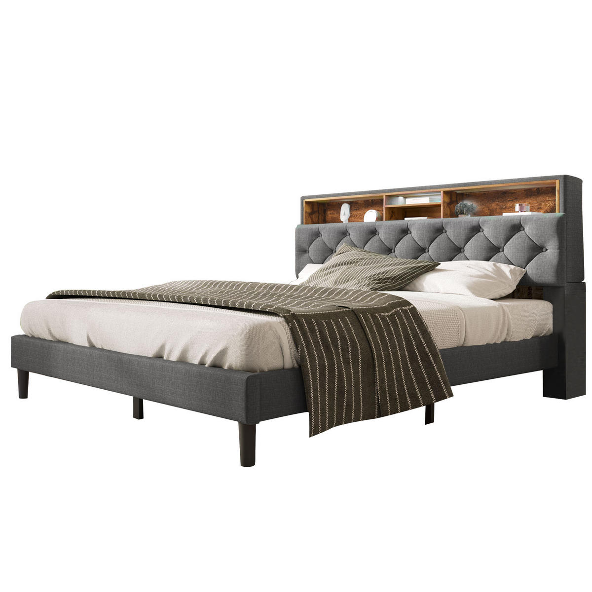 POLSTERBETT 140/200 cm Grau mit Stauraum-Kopfteil und LED-Beleuchtung - Grau, Holz (140/200cm) - OKWISH