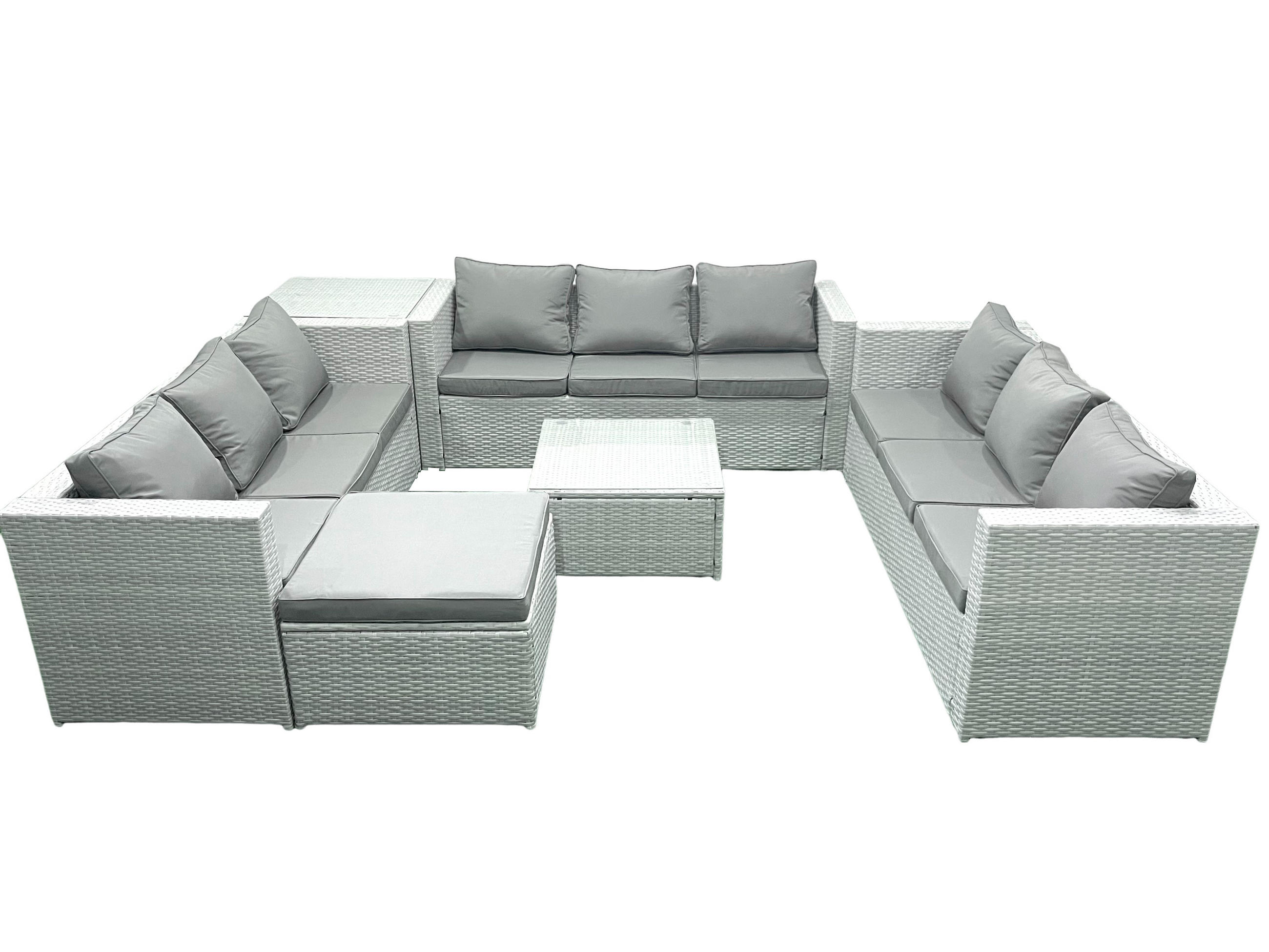 GARTENMÖBELSET mit 3-SITZER SOFA,COUCHTISCH Polyrattan Hellgrau-Mix 10-Sitzer - Hellgrau/Grau, Glas/Kunststoff - Fimous