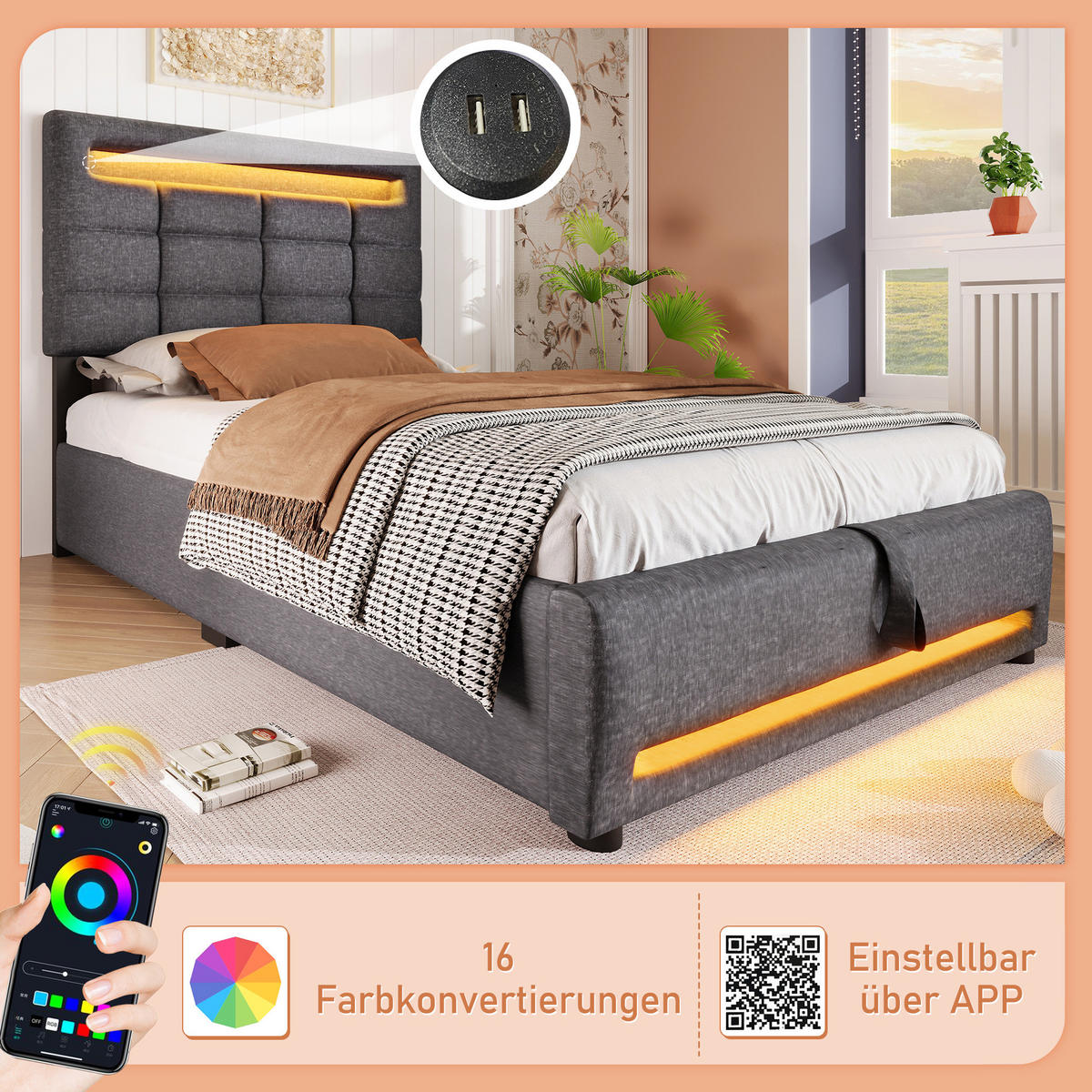 POLSTERBETT 90/200 cm Grau mit LED-Beleuchtung, App-Steuerung, USB-Anschluss und hydraulischem Stauraum - Grau, Textil (90/200cm) - OKMYHOME