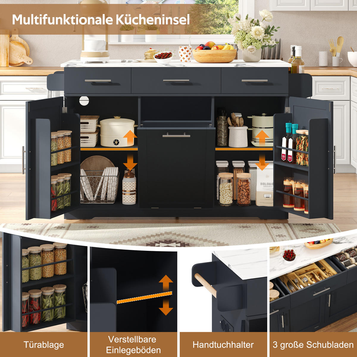 KÜCHENINSEL DE-41372 136/50-75/92 cm, klappbare Arbeitsplatte und Mülleimerschrank Grau - Grau, Holzwerkstoff (136/92/75cm) - ComfortXL
