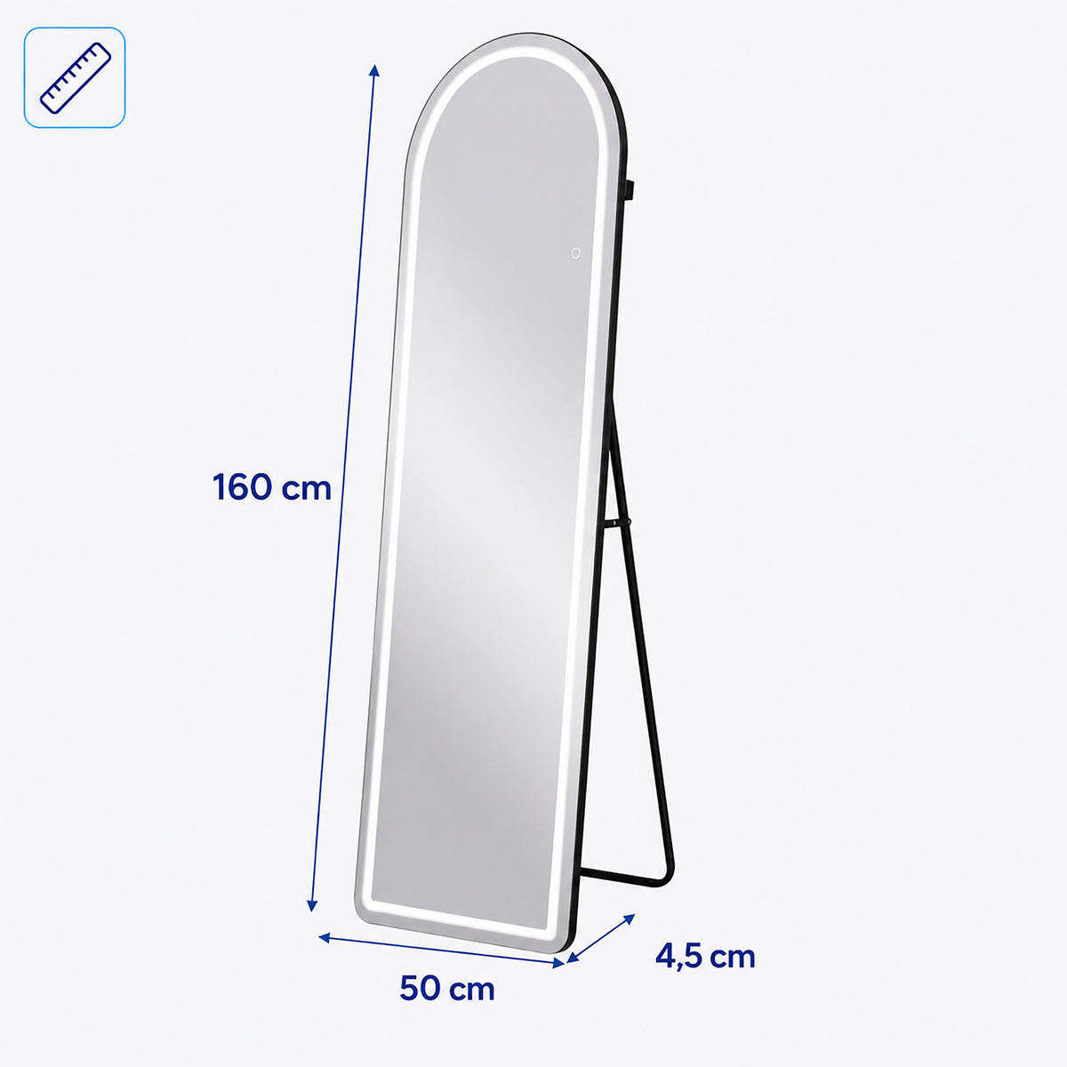 OGLEDALO Crno lučno LED rasvjeta 160x50 cm - crna, staklo/drvni materijal (50/160/4.5cm) - Relaxdays