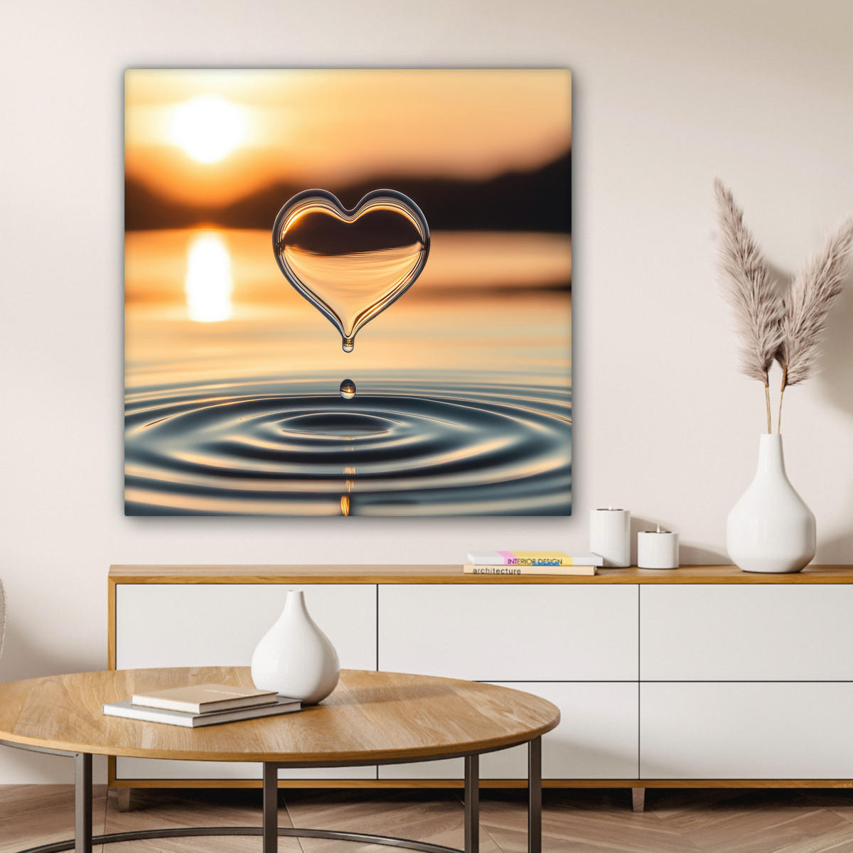 LEINWANDBILD - Herz - Wasser - Sonnenuntergang - Natur - Zen - 90x90 - Gemälde - Bernsteinfarben, Textil (90/90cm) - MuchoWow