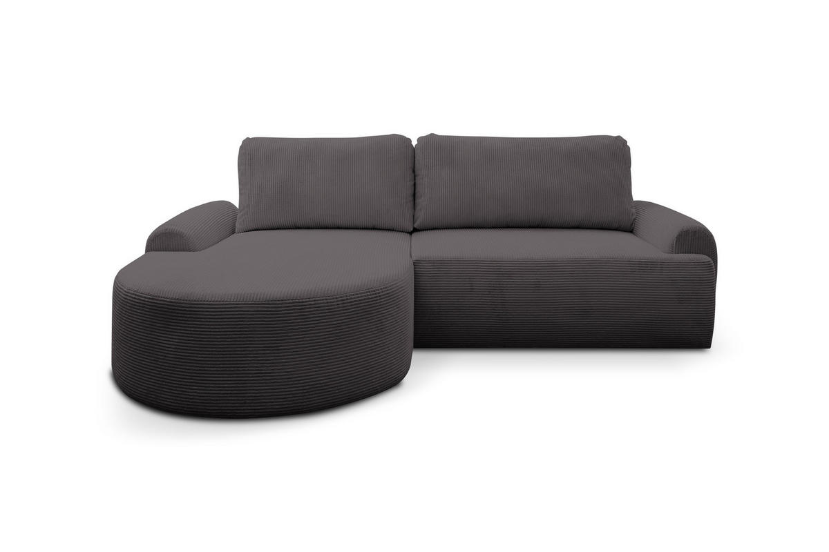 ECKSOFA Dream Cord in L-Form mit Schlaffunktion und Bettkasten, Farbe: Grau, Cordstoff, Ottomane Links - Grau, Textil (136/260cm) - VENASI MÖBEL