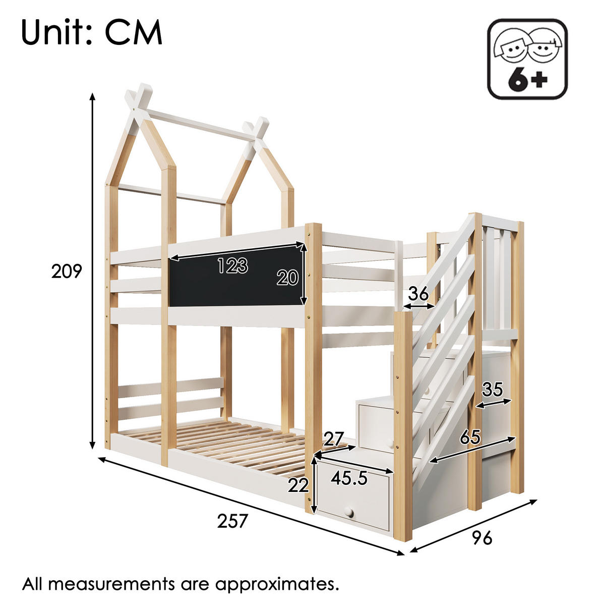 ETAGENBETT 90/200 cm mit Tafel, Stauraumtreppe aus Massivholz und MDF, Baumhaus-Design, Weiß - Weiß, Holzwerkstoff (90/90cm) - Redom