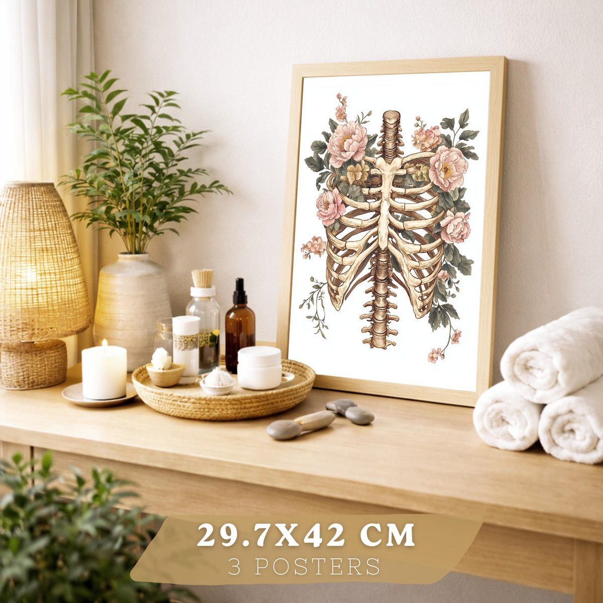 POSTER Set aus 3 Anatomie Mensch Florale Drucke und Wandbilder mit Herz Schädel und Brustkorb Weicher Vintage Stil Größe Leichter Holzrahmen A3 - Beige, Papier (29.7/42/3cm) - Nacnic