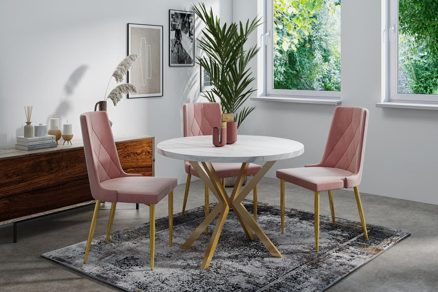 ESSTISCH Flora runder ausziehbarer, Marmor Weiß 120-200/120/76 cm - Ecru/Goldfarben, Holzwerkstoff/Metall (120/120/76cm) - WFL GROUP