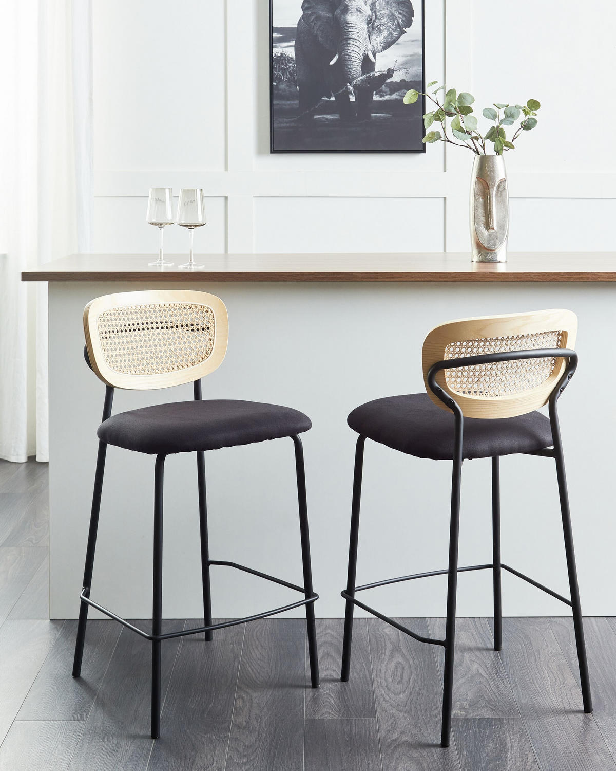 BARSTUHL 2er-Set Rattan Schwarz Mayetta - Naturfarben, Textil (45/90/43cm) - Beliani