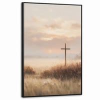 LEINWAND Bilder mit Rahmen - Gras - Morgennebel - Kreuz - Christentum - 100x150 - Beige, Textil (100/150cm) - MuchoWow