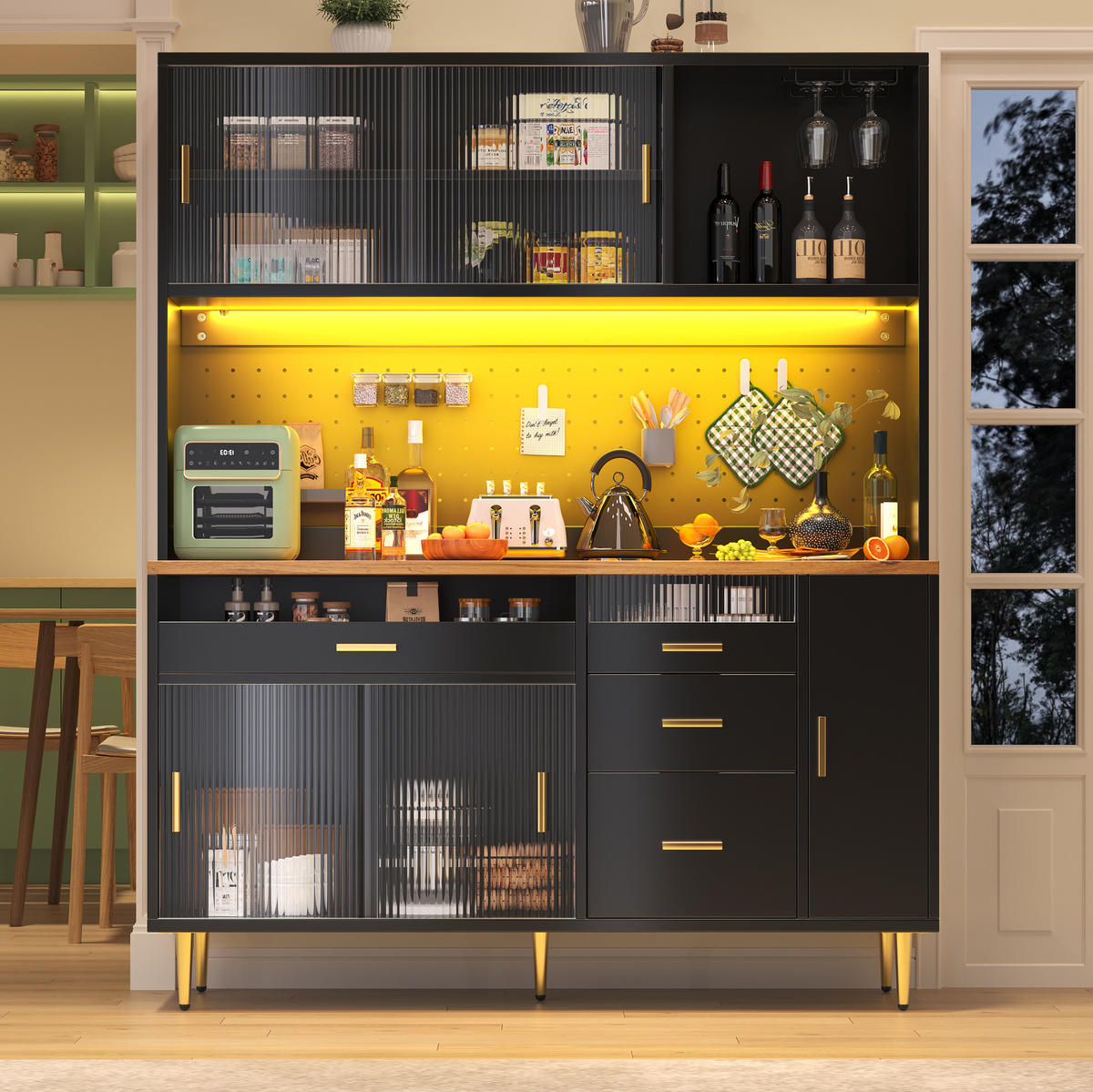 BUFFET 145/39/171 cm schwarz aus MDF und Glas mit LED - Schwarz, Glas (145/171/24cm) - OKWISH
