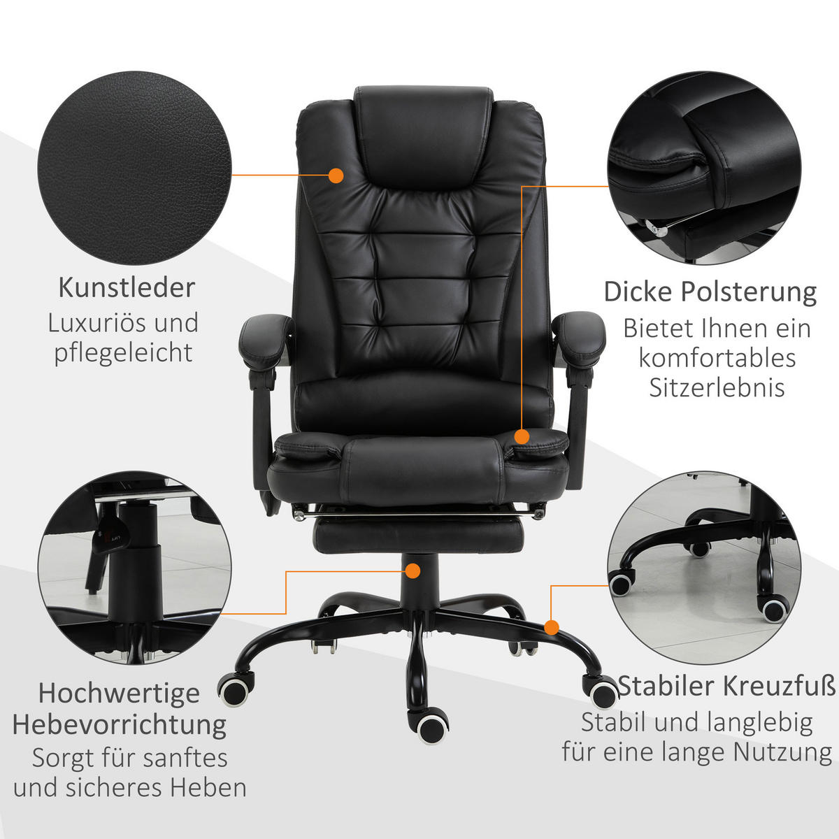 MASSAGESESSEL Chefsessel mit Fußstütze Rückenpolster einstellbar PVC Schwarz - Schwarz, Kunststoff/Metall (79/121/67cm) - Vinsetto