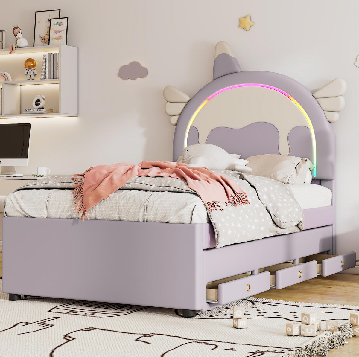KINDERBETT 90/200 cm aus PU und MDF mit Einhorn-Kopfteil und ausziehbarem Rollbett Violett - Violett, Kunststoff (90/200cm) - Modenvie