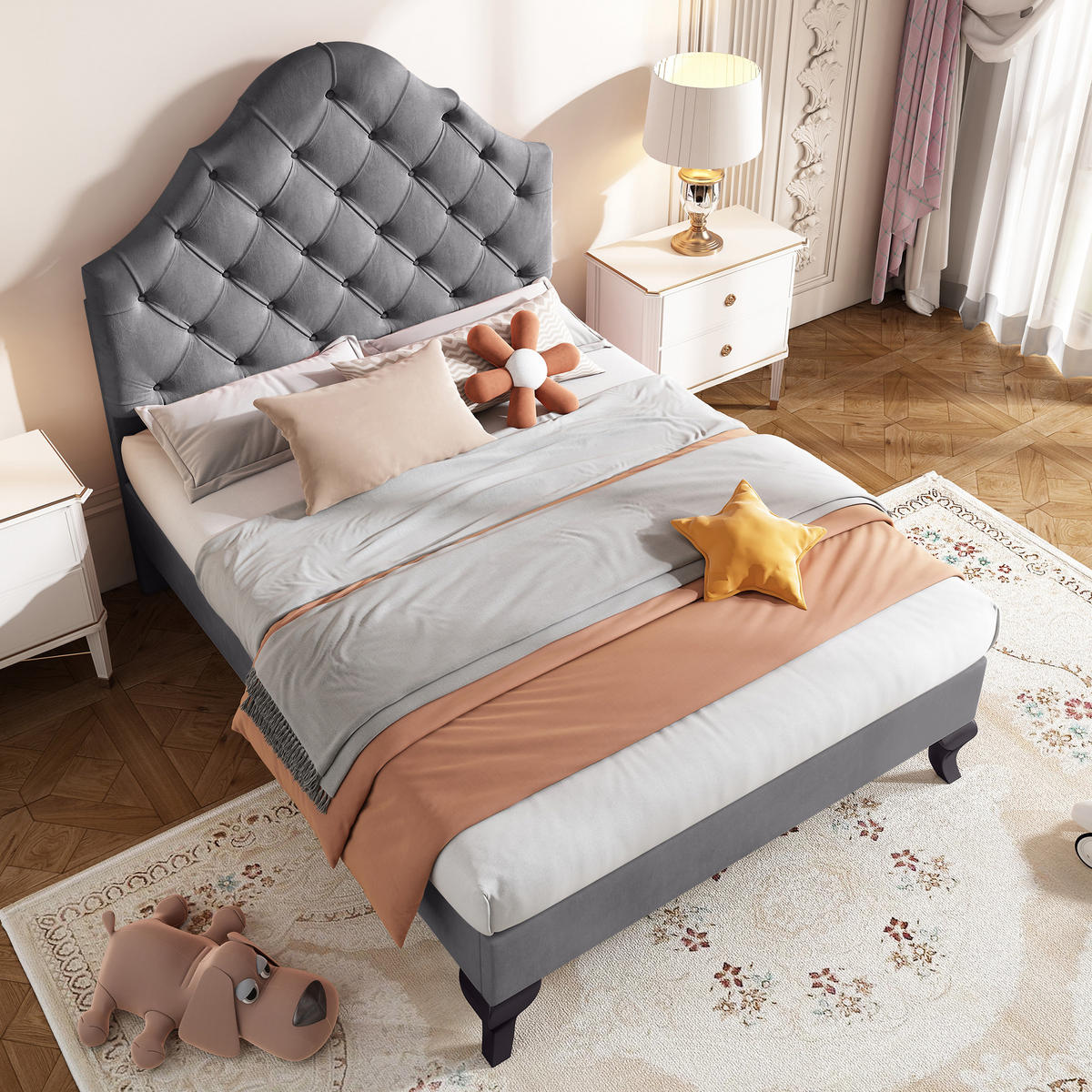 POLSTERBETT 90/200 cm grau mit höhenverstellbarem Kopfteil und Lattenrost - Grau, Textil (90/200cm) - OKWISH