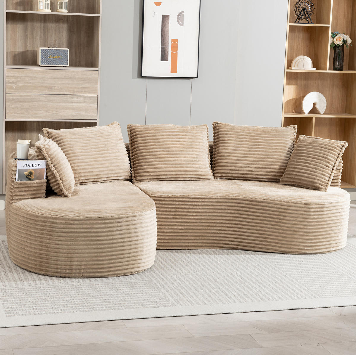SOFA bogiges Design 250 x 152 cm Cord Khaki mit Getränkehaltern - Braun, Textil (152/250cm) - Meubliv