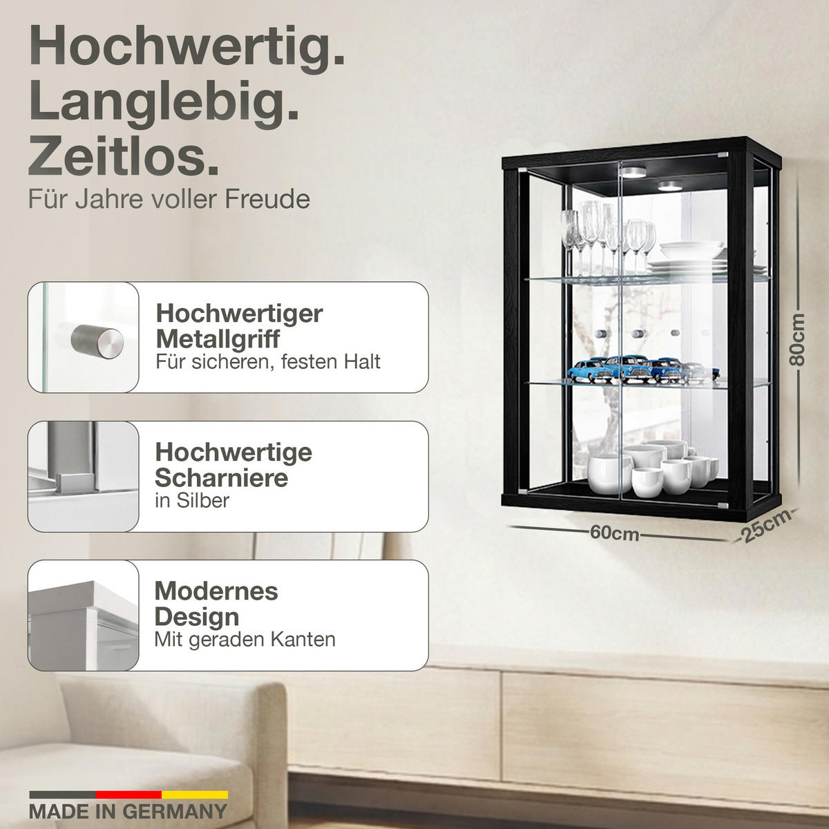 HÄNGEVITRINE 25/60/80 cm mit Spiegel, LED & 2 höhenverstellbaren Glasböden - Transparent/Silberfarben, Glas/Holzwerkstoff (60/80/25cm) - K-Möbel