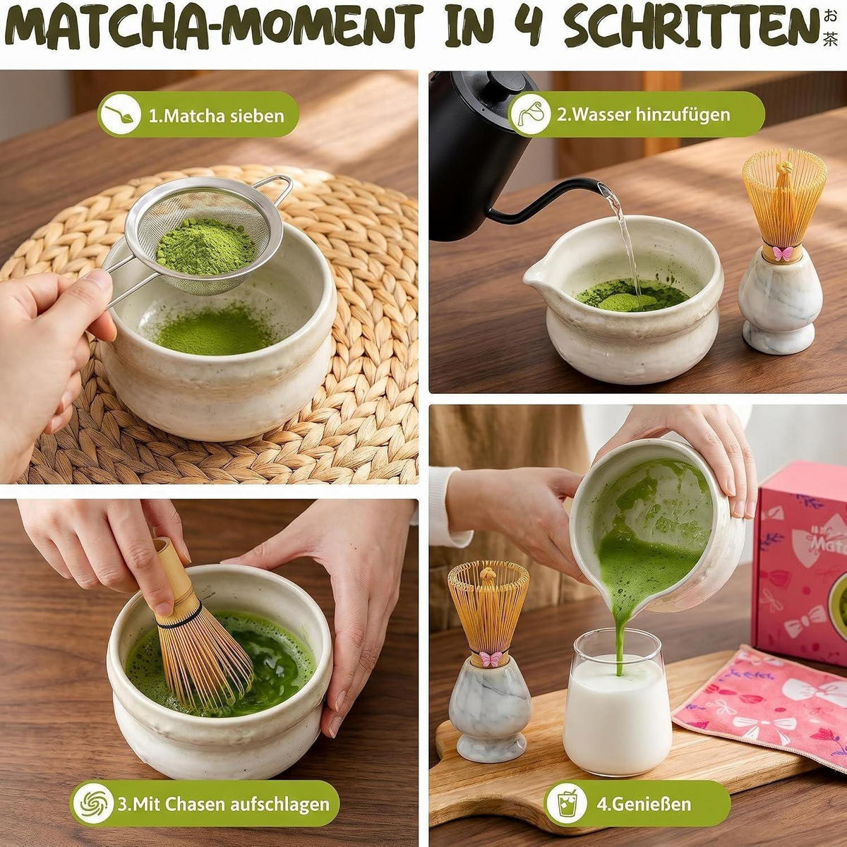 MATCHA Set 8-teilig Keramikschale Bambusbesen Halter Löffel Sieb Tuch Weiß - Weiß, Keramik (16/12/30cm)